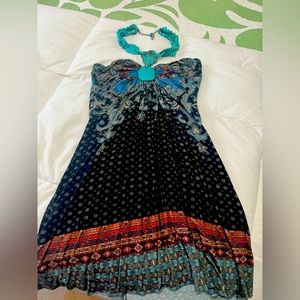 EUC Sky Brand Turquoise Necklace Halter Mini Dress Size Medium $200